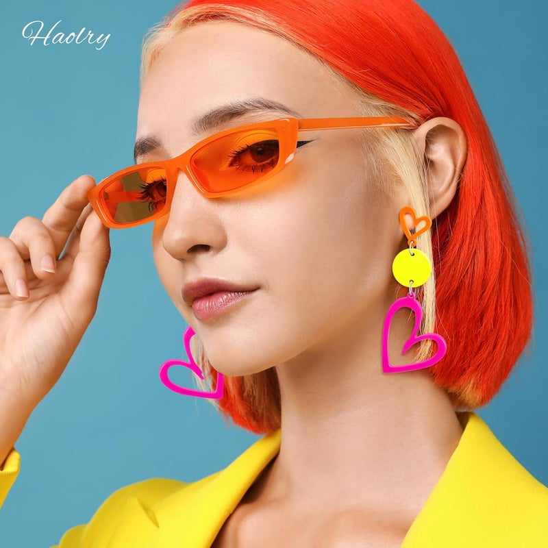 HOLYRY Neon Heart Earrings for Women Acrylic Neon Earrings 80s 90s Outfit for Women Glow Party Accessories Gifts Hot Pink Orange Green Yellow - Image 5